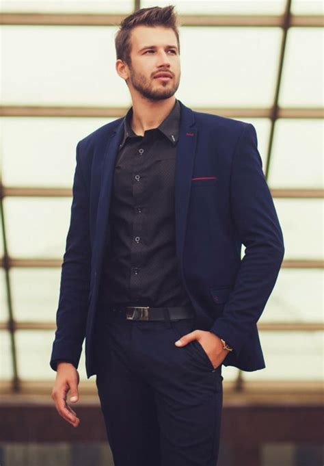 blue suit with black shirt